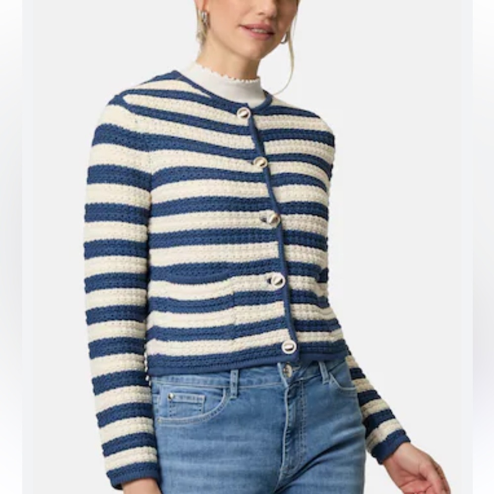 Elie Tahari Blue and White Striped Cardigan Sweater